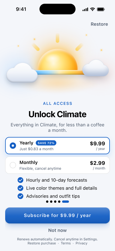Climate light-mode subscription screen with yearly and monthly plans